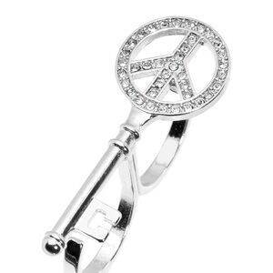 Silver Toned Crystalline Peace Symbol Shaped Key Double Finger Ring Size 8-9